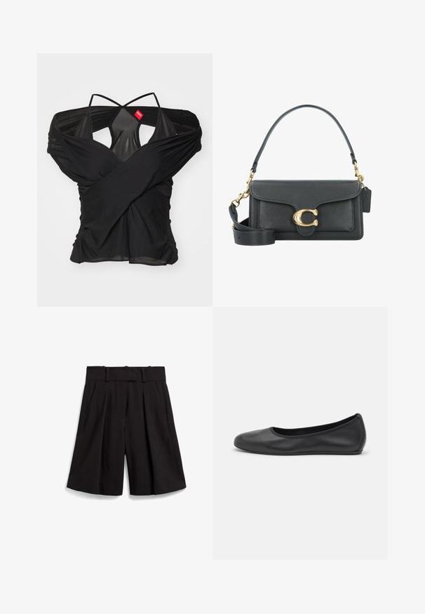 032c DRAPED SWAN EVENING - T-shirt print - black; Zwarte op maat gemaakte shorts met een brede pijp, plooien aan de voorkant en een rechte tailleband met riemlussen. Soepele stoftextuur.; Zwarte leren ballerina met een ronde neus, gladde textuur, minimale stikdetails en een flexibele zoolontwerp.; Zwarte leren handtas met een gouden hardware accent, voorzien van een kenmerkende sluiting, een afneembare schouderband en een ge textureerd oppervlak.