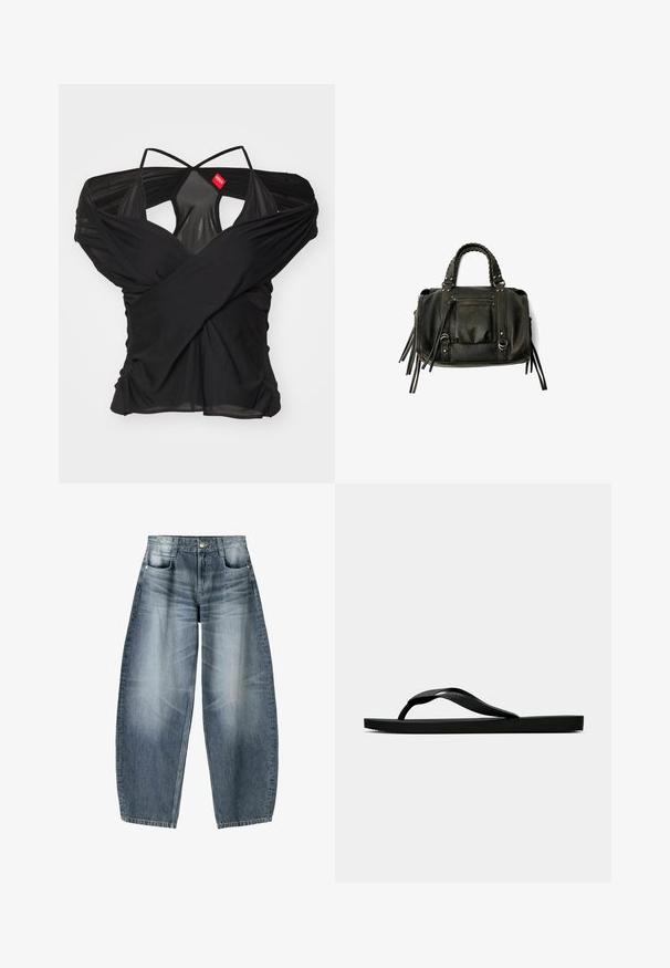 032c DRAPED SWAN EVENING - Tričko s potlačou - black; Džínsy s širokými nohavicami vyrobené z svetlomodrého denim materiálu s opotrebovaním, s piatimi vreckami, zapínaním na gombík a minimálnym prešívaním.; Čierne gumené žabky s textúrovaným popruhom a jednoduchou plochou podrážkou, zobrazené z boku na jednofarebnom svetlom pozadí.; Čierna kožená kabelka s vrkočovými uchami, zipsovou kapsou a zavesenými strapcami. Textúrovaný povrch s kovovými cvokmi a akcentmi z kovu.