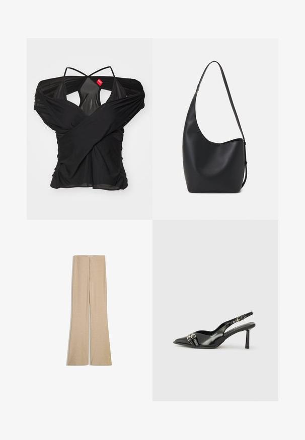 032c DRAPED SWAN EVENING - Tričko s potlačou - black; Bežové rozšírené nohavice v lesklom, štruktúrovanom materiáli s hladkým pásom a skrytým zipsom na zadnej strane. Hladký predný diel bez vreciek.; Čierne lakované kožené slingback topánky s špicatou špičkou, remienkami okolo členku s striebornými prackami a hardvérom, a štíhlým podpätkom.; Čierna kožená hobo taška so hladkou textúrou, zakriveným tvarom a jedným nastaviteľným popruhom; má široké otvorenie na vrchu.