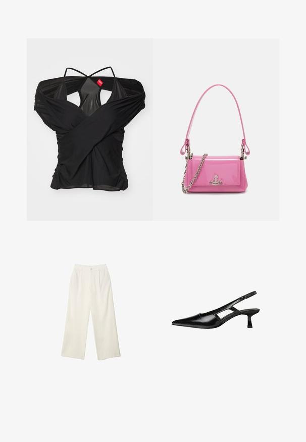 032c DRAPED SWAN EVENING - Printtipaita - black; Kermanhousut vaaleassa kankaassa, jossa on sileä rakenne, yksittäinen etunappi, hienovaraiset laskokset ja korkea vyötärömuotoilu.; Mustat lakatut nahkakengät, joissa on viistopää, leikattu sivusuunnassa ja pieni neliökoroke. Sujuva pinta, jossa on minimaalinen koristelu.; Vaalea vaaleanpunainen lakattu nahkakäsilaukku, jossa on suorakulmainen muoto, irrotettava ketjun olkaimet ja hopeiset yksityiskohdat edessä.