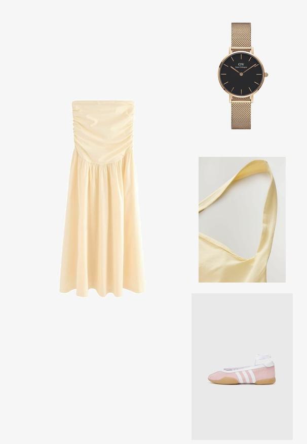 Gul bomullstopp med breda axelremmar, som har en mjuk textur och en avslappnad passform. Urringningen har en sällsynt skopa form.; Axellös midiklänning i ljusbeige, med rynkningar vid bysten och en draperad kjol för smidighet. Slät, lätt vikt tyg.; adidas Originals TAEKWONDO MEI BALLET - Sneakers - clear pink/ftwr white/gum; Krämfärgad läderhandväska med en strukturerad design, kontrasterande svarta kanter, guldfärgade detaljer och ett avtagbart band med en signaturlogotyp.; Guldmesharmbandsur från Daniel Wellington med en rund svart urtavla, guld timmarkörer och logotyp vid 12-tiden. Enkelt, elegant design.