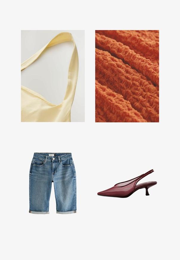 Gelbes Baumwolloberteil mit breiten Trägern, das eine weiche Textur und eine lockere Passform bietet. Der Ausschnitt hat eine sanfte Scoop-Form.; Texturierten Stoff in lebhaftem Orange mit einem welligen, gerippten Muster und einem weichen, plüschigen Aussehen. Ideal für Polsterungen oder Bekleidung.; Blaue Jeans-Shorts in knielanger Ausführung mit umgeschlagenem Saum, fünf Taschen und einem Metallknopfverschluss. Der Stoff hat ein leicht verblasstes Aussehen.; Burgunderfarbene Slingback-Pumps mit spitzer Zehe und Mesh-Obermaterial. Verfügen über einen schlanken Absatz und ein Ausschnittdesign, das eine elegante Silhouette bietet.