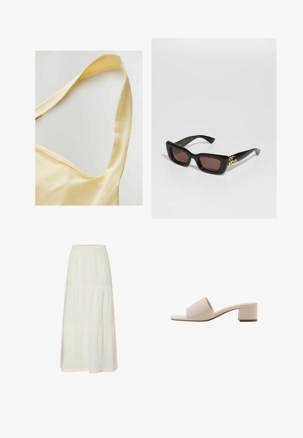 Top din bumbac galben, cu bretele late, având o textură moale și o croială lejeră. Decolteul are o formă ușor adâncită.; Fustă maxi albă, în straturi, realizată dintr-un material ușor, texturat, cu talie elastică. Are trei secțiuni de țesătură distincte.; Sandale cu toc bloc bej, cu o curea lată și vârf deschis. Material neted și design elegant. Toc scurt și robust pentru stabilitate.; Ochelari de soare tortoiseshell negri cu lentile dreptunghiulare, nuanță de maron, ramă groasă și detaliu cu logo dublu-G aurie pe temple.; Geantă cu mărgele, caracterizată prin culori vibrante: roz, portocaliu, albastru și maro. Suprafețe texturate cu mărgele circulare și forme organice, mânere rezistente.; Cercei cu formă rotundă, de culoare auriu, cu un margine exterioară din rășină cu model țestoasă, având un finisaj neted și o formă elegantă.