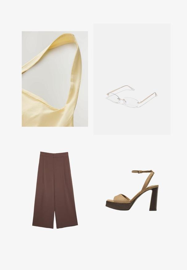 Žlutý bavlněný top s širokými ramínky, který se vyznačuje jemnou texturou a volným střihem. Výstřih má mírně vykrojený tvar.; Hnědé široké kalhoty s hladkou texturou, vysokým pasem a předními záhyby. Materiál je lehký a volně splývá.; Bežové semišové sandály na vysokém podpatku s širokým předním páskem a páskem kolem kotníku, s masivním dřevěným blokovým podpatkem s texturovaným povrchem.; Zlaté kovové brýle s oválnými čočkami, štíhlými stranami a průhlednými nosními podložkami. Obsahují jemné akcenty na pantech a průhledné čočky.