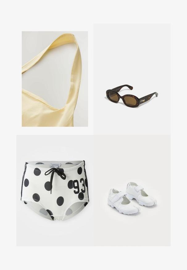 Geel katoen top met brede banden, voorzien van een zachte textuur en een ontspannen pasvorm. De halslijn heeft een zachte ronding.; Zwart-witte zwembroek met stippen, voorzien van een trekkoord in de taille, met het nummer "93" op de voorkant en een gladde, elastische stof.; Witte sportieve schoenen met een gestructureerde bovenkant, verstelbare klittenbandsluiting, ronde neus en een stevige zool met een opvallend profiel.; Schildpadbril met ovale monturen, bruin getinte lenzen en "Chloé" merk op de arm. Gladde plastic materiaal met een glanzende afwerking.