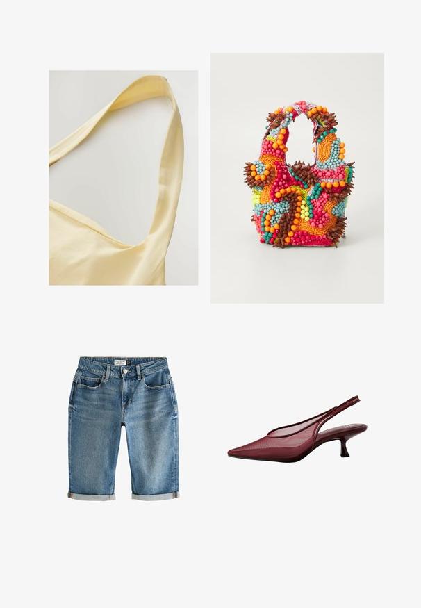 Żółta bawełniana bluzka z szerokimi ramiączkami, o miękkiej teksturze i luźnym kroju. Dekolt ma delikatny, okrągły kształt.; Niebieskie dżinsowe szorty do kolan z podwiniętym brzegiem, pięcioma kieszeniami i metalowym zapięciem. Materiał ma lekko wyblakły wygląd.; Burgundowe sandały na obcasie z odkrytą piętą, z wąskim czubkiem i siateczkowym wierzchem. Posiadają smukły obcas oraz wycięcia, co zapewnia elegancki zarys.; Torebka z koralikami w żywych kolorach: różowym, pomarańczowym, niebieskim i brązowym. Teksturowana powierzchnia z okrągłymi koralikami i organicznymi kształtami, mocne uchwyty.