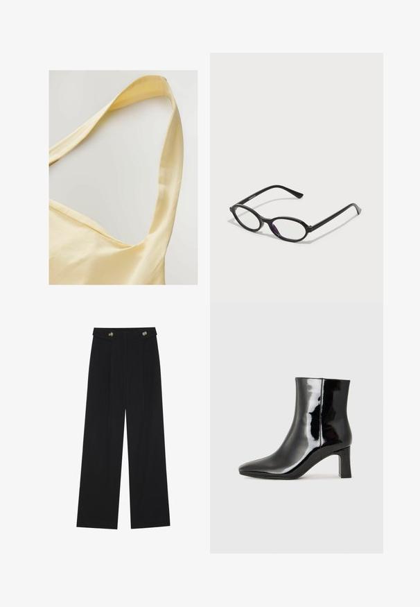Žuta pamučna majica s širokim naramenicama, koja ima mekanu teksturu i opušteni kroj. Izdubljeni dekolte ima blagu oblik.; Crne hlače širokih nogavica s visokim strukom, s dugmadi na pojasu i prednjim nabora.; Crne lakirane kožne gležnjače s šiljastim prstom i srednje visokom blok petom. Glatka tekstura i minimalistički dizajn.; Crne naočale ovalnog okvira s prozirnim ljubičastim naglascima na lećama. Okviri imaju mat finiš i tanke, ravne temple.; Crna torba s oblikom koji sadrži strukturu, glađu teksturu i metalnu kopču. Uparena s širokim crnim hlačama i sandalama na otvorenom s drvenog poda.