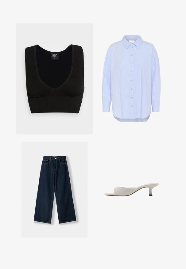 Černý žebrovaný crop top s širokými ramínky a hlubokým výstřihem do V. Nálepka uvádí "BDG," velikost malá, s hladkou texturou a přiléhavým střihem.; Světle modrá košile na knoflíky s špičatým límečkem, dlouhými rukávy a zakřiveným lemem. Hladká struktura s viditelnými detaily knoflíků.; Tmavě modré široké džíny vyrobené z denimu. Mají pět kapes, zapínání na knoflík a zip a kontrastní šití.; Bílé otevřené muly s prohnutým designem, nízkým podpatkem, hladkým povrchem a jemným prošívaným vzorem. Hnědý akcent na základně podpatku.