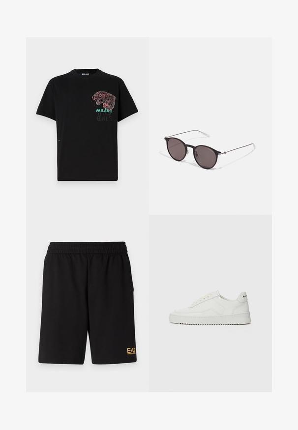 Melna kokvilnas T-kreklu ar sarkanu un rozā leopardu grafikas druku priekšā, ar tekstu "MILANO" un "WILD ONES" zaļā krāsā. Parasts piegriezums.; Melnas sporta šortus, kas izgatavoti no mīksta auduma, ar elastīgu jostu un mazu dzeltenu EA7 logo zem kreisā kājas stūra.; Baltas ādas sneakers ar gludu virsmu, apaļu pirkstu daļu, plakaniem šņorēm un teksturētu zoli. Satur diskrētu logotipu uz papēža.; Melni apaļi saulesbrilles ar tumšiem lēca un plānām metāla stangām. Iekļautas caurspīdīgas tempļu galviņas un sudraba akcenti pie eņģes. Minimalistisks dizains.
