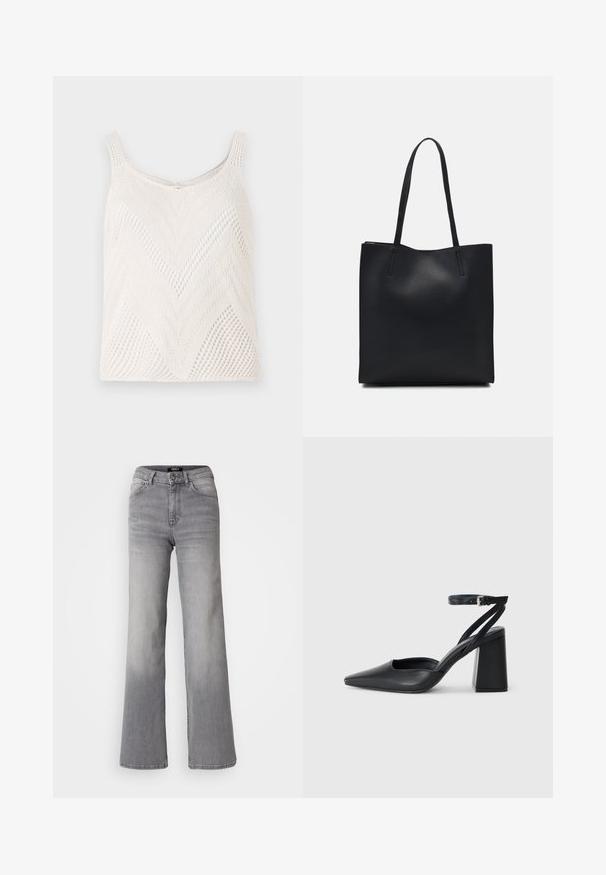 Canotta leggera bianca lavorata a maglia con motivo a zigzag, caratterizzata da spalline sottili e una texture a rete aperta.; Jeans in denim grigiop con vita alta e gamba dritta, con bottone e cerniera frontali, tasche anteriori e posteriori, e sfumature sbiadite su cosce e polpacci.; Pump in pelle nera con punta affusolata, cinturino alla caviglia e tacco spesso. Texture piatta, design elegante ed estetica minimalista.; Borsa tote in pelle nera con texture liscia, forma rettangolare e due manici lunghi. Nessun hardware o decorazione visibile.