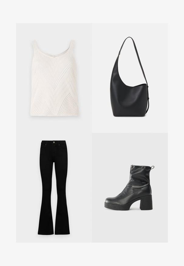Lightweight white knitted tank top with a chevron pattern, featuring narrow shoulder straps and open weave texture.; Black high-waist jeans with a button and zip closure, front pockets, and flared legs laid flat on a white background.; Black ankle boots made of smooth leather, featuring a side zipper, chunky textured heel, and rounded toe design.; Black leather hobo bag with a smooth texture, curved shape, and single adjustable strap; features a wide opening at the top.