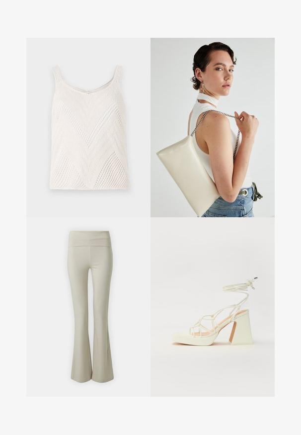 Top ușor alb tricotat, cu model în zigzag, având bretele subțiri și textură deschisă.; Pantaloni bej evazați dintr-un material moale, având o talie largă, elastică și o textură netedă, care se lărgesc spre tivul de jos.; Sandale albe cu toc înalt și gros, cu un design cu curele și legătură la gleznă. Textură netedă, cu o platformă frontală pentru înălțime suplimentară.; Geantă de clutch rectangulară albă, realizată dintr-un material lucios, având o curea de lanț argintie. Modelul pozează, evidențiind geanta pe un fundal simplu.