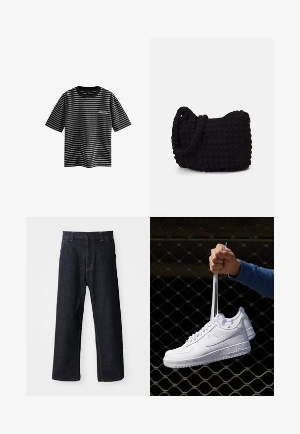 Juodai baltos dryžuotos T-marškiniai su trumpomis rankovėmis ir apvali kaklo išpjova. Priekyje turi užrašą "Kopenhaga". Pagaminti iš glotnaus audinio.; Tamsiai mėlyni džinsai su tiesiomis kojomis, pasižymintys geltonomis siūlėmis, priekinėmis kišenėmis ir mygtuku juosmens užsegimui.; Balti odiniai sportiniai bateliai su perforacijomis, apvalia nosimi, plokščiu padu ir storomis raištelėmis, su matomu swoosh logotipu ir "AIR" ant kulno.; Juodas audinio maišelis su tekstūruota, siuvinėta raštu. Apvalios formos, trumpi, stori rankenėlės ir minkšta, lanksti struktūra.