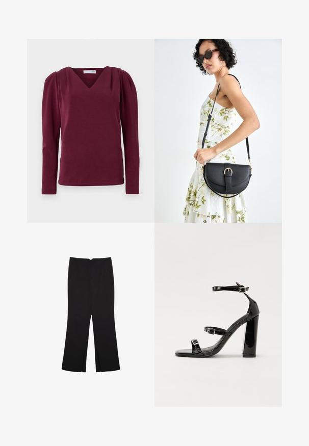 Burgundska dolga majica s dolgimi rokavi in V-izrezom ter nabranimi rameni. Mehka tkanina, prilegajoča silhueta z bočnimi razpoki in čistem robnem zaključku.; Črne hlače ravnega kroja z naglavnimi žepi in stranskimi razporki na robu. Narejene iz mehke, gladke tkanine. Primerne za različne priložnosti.; Črne lakirane sandale s peto, kvadratnim prstom, trakovi okrog gležnja in srebrnimi zaponkami. Opremljene so s stabilno Debelo peto.; Črna usnjena torbica s ukrivljeno obliko, z odstranljivo naramnico in zlatimi dodatki. Torbica ima pokrov s podrobnostmi v obliki zaponke.