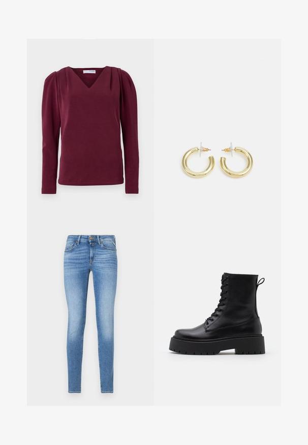 Burgundska dolga majica s dolgimi rokavi in V-izrezom ter nabranimi rameni. Mehka tkanina, prilegajoča silhueta z bočnimi razpoki in čistem robnem zaključku.; Tanjši modri jeans z višjim pasom, sprednjim gumbom in petimi žepi.; Črne usnjene gležnjarje z okroglo konico, vezalnim sprednjim delom in debelim gumijastim podplatom z teksturiranim profilom. Zanka na hrbtni strani.; Zlate uhane v obliki obročkov z gladko, sijočo površino. Krožna zasnova s majhnim nosilcem in prozornim podplatom za varno nošenje.