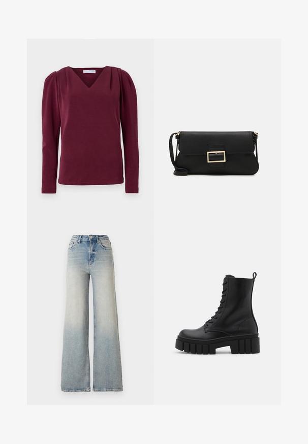 Burgundia pikkade varrukatega pluus V-kaelusega ja kokku volditud õlgadega. Pehme kangas, vormitu silhouette külgmiste lõhikute ja puhta serva lõpetamisega.; Heledad sinine laia säärega teksapüksid, mis on valmistatud denimist, kõrge vöökoht, viis taskut ja nähtav õmblemine õmbluste ääres.; Must mustaanklid mustast nahast, paksu ja soonilise tallaga, sidumisena esiotsaga ja tõmbevahega, suvalisel valgel taustal.; Must haben musta nahkklahviga kott, millel on klapp ja kuldne metallist pandla detail. Kaasas must rihm ja stiilne, minimalistlik disain.; Kuldne rõngassõrmused sileda ja läikiva viimistlusega. Ringikujuline disain, millel on väike post ja selge tagumine külg, et tagada kindel kandmine.