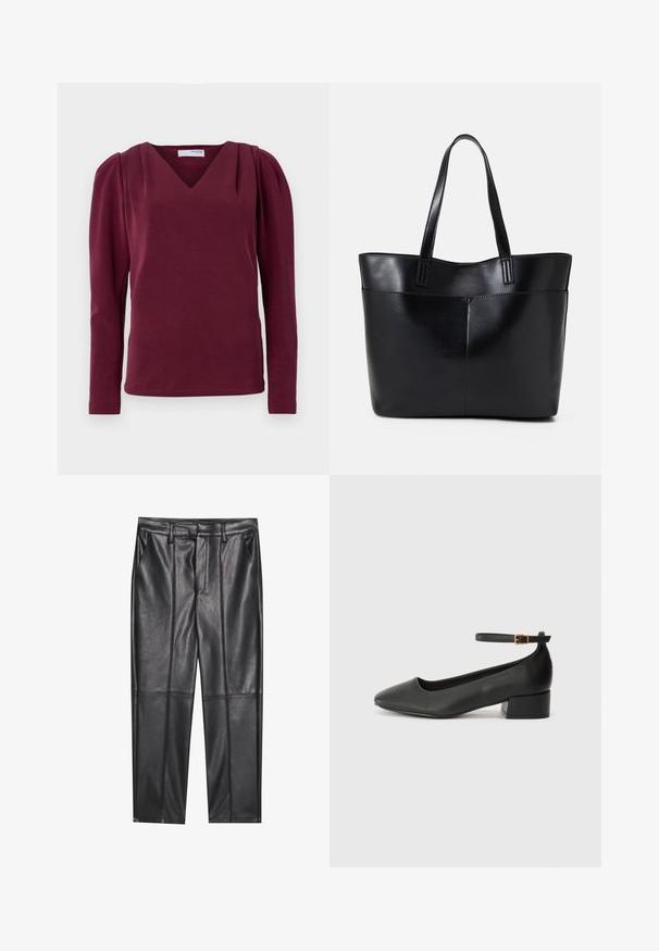Bordeaux langermet topp med V-hals og rynkede skuldre. Mykt stoff, tettsittende silhuett med sidespalter og ren kantfinish.; Sorte lærbukser med en glat tekstur, der har en lige pasform, to forlommer og synlige sømdetaljer.; Sorte skinnpumper med spiss tå og lav blokkhelt. Har ankelrem med gullfarget spenne. Glatt tekstur.; Svart lær toteveske med to lange håndtak, en glatt tekstur og en strukturert form. Har en frontlomme for ekstra oppbevaring.