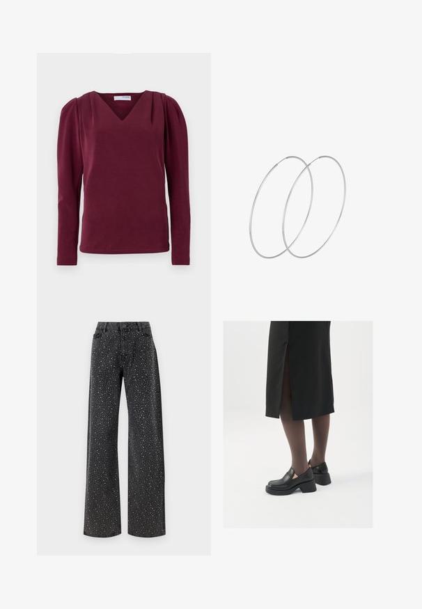 Bordo ilgomis rankovėmis marškiniai su V formos iškirpte ir susirinkusiomis petnešomis. Minkšta medžiaga, prigludusi siluetas su šoninėmis iškirptėmis ir švariu apdailos kraštu.; Noisy May NMJANNEL LOOSE - Laisvo kirpimo džinsai - black denim; Juodos odinės bateliai su apvaliu nosiu, stora blokine pakulne ir elastingais šonais, derinami su tamsiomis pėdkelnėmis ir juoda sijonu su plyšiu.; Sidabrinės pusmėnulio auskarai minimalistiniu dizainu. Apskritimo forma, lygus paviršius ir plonas profilis. Lengvi su poliruotu apdailu.