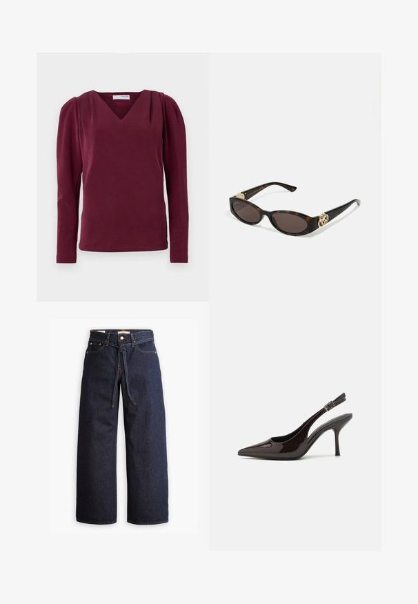 Burgunderfarbener Langarmtop mit V-Ausschnitt und gerafften Schultern. Weicher Stoff, figurbetonte Silhouette mit seitlichen Schlitzen und sauberem Saumfinish.; Weite, dunkelblaue Jeans aus Denim mit hoher Taille, ausgestattet mit einem Kordelzug, fünf Taschen und kontrastierenden Nähdetails.; Slingback-Pumps aus glänzendem dunklen braunen Lackleder, mit spitzer Zehenpartie, offenen Seiten und verstellbarem Knöchelriemen.; Schildpatt-Sonnenbrille mit länglich-ovalen Gläsern, braunem Farbton, goldenen Logo-Akzenten an den Bügeln und schlanken schwarzen Bügeln.; Braun gemusterte Handtasche aus strukturierter Stoff, mit braunem Ledergriff und goldenen Logodetails auf einem beigen Hintergrund. Geschwungene, strukturierte Form.