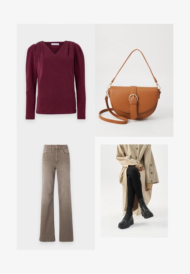 Vinröd långärmad topp med V-ringning och skräddade axlar. Mjukt tyg, figurnära silhuett med sidoflikar och ren fåll.; Bruna högmidjade rakbenade jeans med framknapp, bältesöglor och klassisk femfickorsdesign på vit bakgrund.; Svarta läderankelstövlar med snörningsdetalj, upphöjd plattformssula, och strukturerade svarta leggings, bärs med en ljusbeige trenchcoat.; Brun läder crossbody-väska med en böjd form, gyllene detaljer och en spänneaccent. Har en avtagbar axelrem.