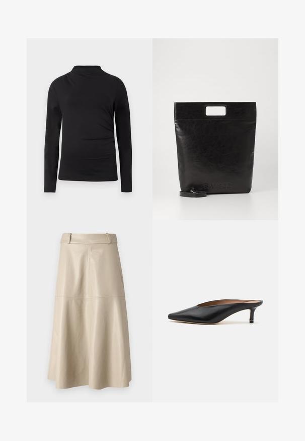 Schwarzes langärmliges Rollkragenoberteil mit schlanker Passform und glattem Stoff vor einem schlichten weißen Hintergrund.; Beige Leder-Midi-Rock mit glatter Textur, weitem Bund und ausgestellt geschnittenem Saum; mit gesteppten Nähten für zusätzlichen Detailreichtum.; Schwarze Leder-Mules mit spitzem Zehenbereich und niedrigem Blockabsatz. Glatte Textur mit elegantem Design. Offene Rückseite mit minimaler Gestaltung.; Schwarze Leder-Tote-Tasche mit einem quadratischen Griff, ausgestattet mit einer strukturierten Oberfläche und geprägtem Logo. Inklusive abnehmbarem Tragegurt.