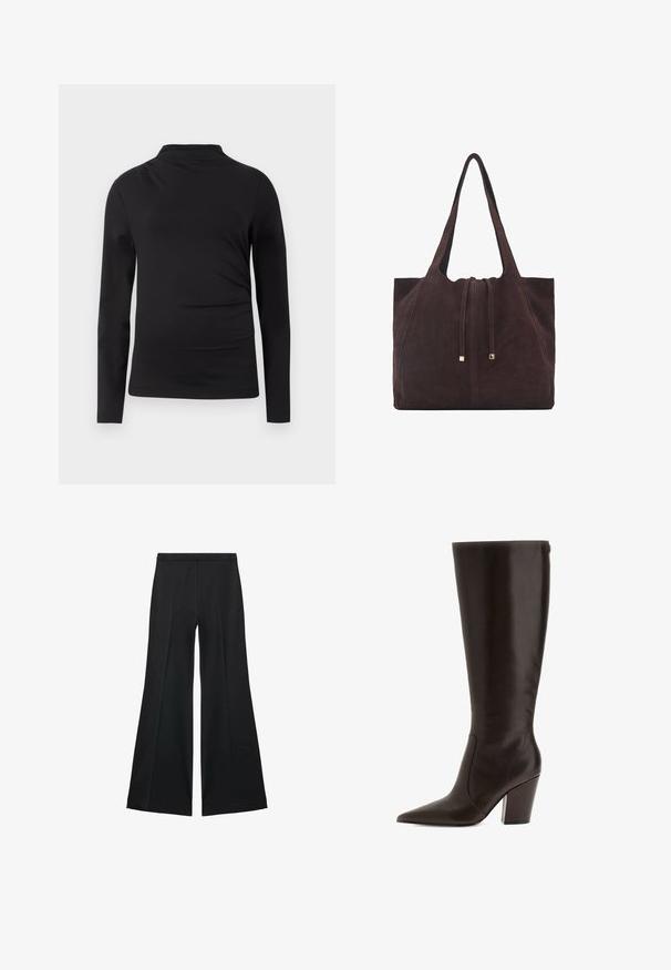 Mustat pitkähihaiset poolsilmukatoppi, jossa on lähellä vartaloa istuva leikkaus ja sileä kangas, yksinkertaisella valkoisella taustalla.; Mustat leveälahkeiset housut, joissa on sileä pinta, etupuolella laskokset ja muotolaskettu malli. Kangas on kevyttä ja laskeutuvaa.; Ruske kožne čizme do kolena s šiljastim nosom i blok potplatom. Imaju glatku teksturu i bočni patentni zatvarač za jednostavno obuvanje.; Mango Shopping bag - dark brown