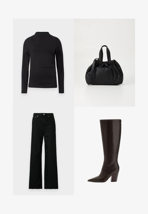 Schwarzes langärmliges Rollkragenoberteil mit schlanker Passform und glattem Stoff vor einem schlichten weißen Hintergrund.; Schwarze Jeans aus Denim mit hoher Taille und weitem Bein, ausgestattet mit einem Vorderknopf und einem Reißverschluss, sowie einem klassischen Fünf-Taschen-Design.; Braune Lederstiefel bis zum Knie mit spitzem Zehenbereich und Blockabsatz. Verfügt über eine glatte Textur und einen seitlichen Reißverschluss für einfaches An- und Ausziehen.; Schwarze Lederhandtasche mit einem gerafften Oberteil, ausgestattet mit zwei kurzen Griffen und einem langen verstellbaren Schulterriemen. Glatte Textur, runde Form.
