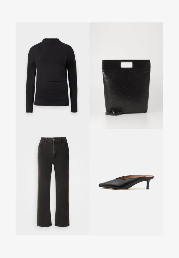 Schwarzes langärmliges Rollkragenoberteil mit schlanker Passform und glattem Stoff vor einem schlichten weißen Hintergrund.; Schwarze weit geschnittene Jeans aus Denim, mit einem vorderen Knopfverschluss, Gürtelschlaufen und fünf Taschen, die eine leicht verblasste Textur aufweisen.; Schwarze Leder-Mules mit spitzem Zehenbereich und niedrigem Blockabsatz. Glatte Textur mit elegantem Design. Offene Rückseite mit minimaler Gestaltung.; Schwarze Leder-Tote-Tasche mit einem quadratischen Griff, ausgestattet mit einer strukturierten Oberfläche und geprägtem Logo. Inklusive abnehmbarem Tragegurt.