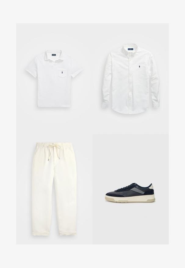 Hvit polo-skjorte laget av bomull med teksturert finish, som har en tre-knapps brystlomme, korte ermer og en liten brodert logo på lommen.; Hvit skjorte med knapper laget av bomull. Har spiss krage, lange ermer og en liten marineblå logo på brystet. Glatt tekstur.; Lys kremfargede, casual bukser laget av mykt stoff. Har elastisk midjebånd med snøring, og en tapered ben-design.; BOSS BALTIMORE - Joggesko - open blue