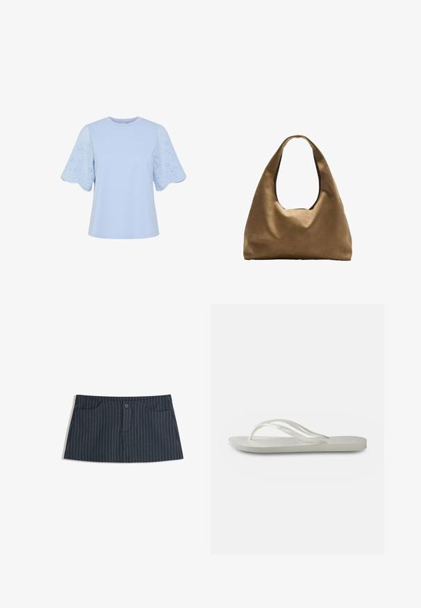Svetlomodré tričko s krátkymi, vykrojenými rukávmi. Vyrobené z mäkkého materiálu, má okrúhly výstrih a jednoduchý, voľný strih.; Námorníckom modré mini sukne s pruhmi, so prednými vreckami a jednoduchým gombíkom na zapínanie v páse.; Biele žabky s textúrovanou podrážkou, tenkými popruhmi a plochým dizajnom. Vyrobené z gumy s jemným logom na podošve.; Hnedá látková taška cez rameno s širokým, zaobleným telom a veľkým vyrezaným uchom. Mäkčená textúra, minimalistický dizajn a bez viditeľného kovania.
