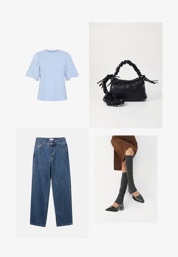 Lichtblauwe t-shirt met korte, gegolfde eyelet-mouwen. Gemaakt van zachte stof, het heeft een ronde halslijn en een eenvoudige, relaxte pasvorm.; Klassieke blauwe denim jeans met een rechte pijp, vijf zakken en een knoopsluiting. Heeft een middelgrote wasbeurt en stevige textuur.; Zwarte gepatineerde leren pumps met een puntige neus, een blokhak en een enkelbandje, gecombineerd met grijze geribde beenwarmers en een bruine suède rok.; Zwarte nepleer handtas met een krokodillenstructuur, opgedroogde bovenkant en een gekreukte hengsel. Het lijkt zacht en compact van ontwerp.