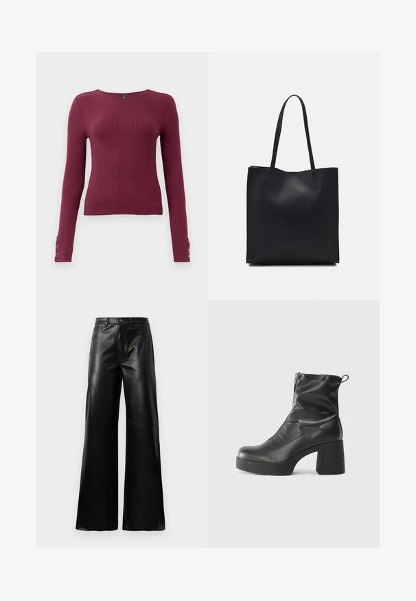 Burgundy ilgo rankovėmis ribotas megztinis su apvalia apykakle ir mygtukų akcentais ant rankovių. Pagamintas iš tekstūruoto trikotažo.; Juodos aukšto juosmens plačios kojų dirbtinės odos kelnės su priekiniais mygtukais, užtrauktuku, diržo kilpomis ir šoninėmis kišenėmis ant balto fono.; Juodos kulkšninių botai, pagaminti iš lygaus odos, su šoniniu užtrauktuku, masyviu tekstūruotu kulnu ir apvaliu pirštu.; Juodas odinis tote krepšys su lygia tekstūra, stačiakampio formos ir dviem ilgais rankenomis. Matomų metalinių detalių ar puošybos nėra.
