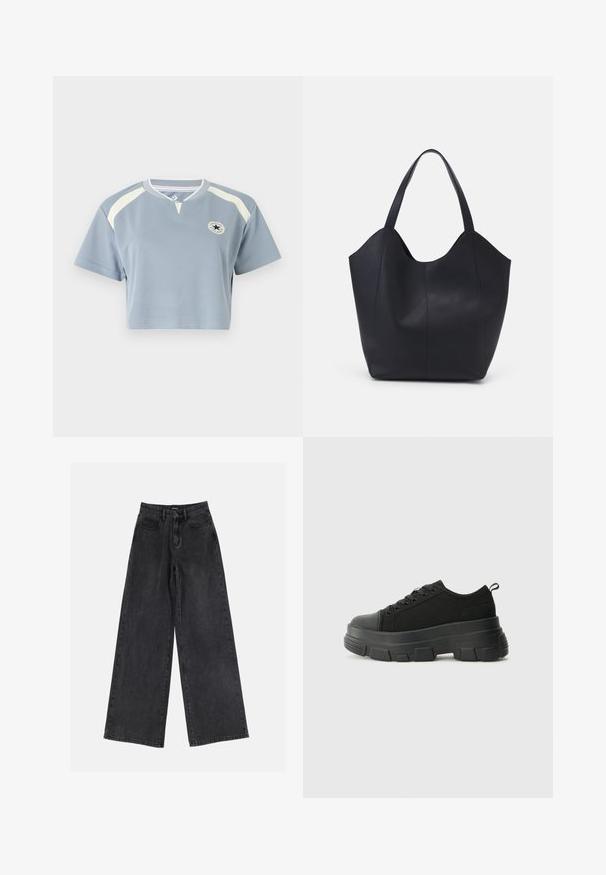 Afskåret T-shirt i lyseblåt stof med korte ærmer. Har cremefarvede detaljer og et cirkulært logo på brystet. Rund halsudskæring.; Sorte vidde denimjeans med høj talje, klassisk fem-lomme design og subtil falmning. Holdbart stof med en glat tekstur.; Sorte sneakers med en kraftig gummisål, tekstureret stofoverdel, rund tå og snørredesign. Har forstærkede snørrehuller og en trækkrog bagpå.; Sort tote taske lavet af glat læder, med en buet, åben top, to skulderstropper og et minimalistisk design.