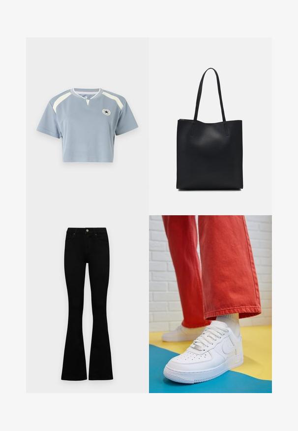 Cropped T-shirt in light blue fabric with short sleeves. Features cream accents and a circular logo on the chest. Round neckline.; Black high-waist jeans with a button and zip closure, front pockets, and flared legs laid flat on a white background.; White leather sneaker with perforated toe box, textured sole, and white laces, paired with wide red pants and a blue and yellow background.; Black leather tote bag with smooth texture, rectangular shape, and two long handles. No visible hardware or embellishments.