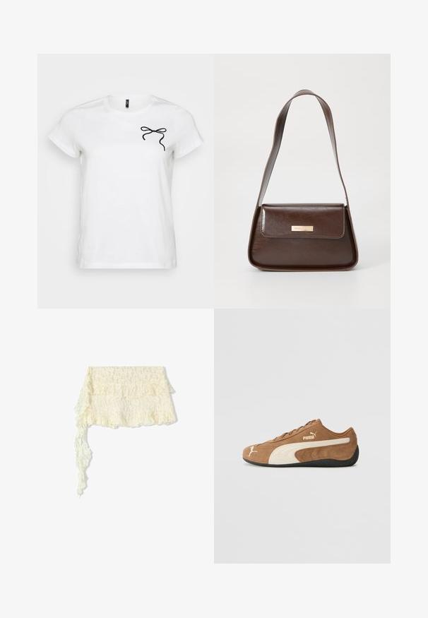 Biely tričko s krátkym rukávom s dizajnom čiernej mašle na ľavej strane hrudníka, umiestnené na jednoduchom pozadí.; Krajkový šál v slonej bielej farbe s volánovými okrajmi; obsahuje zložitú kvetinovú potlač; jemne sa rozprestiera s dlhým, vlniacim sa koncom.; Hnedé semišové nízke tenisky s krémovými akcentmi, textúrovaným povrchom, čiernou gumovou podrážkou a vyšitým logom na strane a jazyku.; Hnedá kožená ramenná taška so štruktúrovaným tvarom, vybavená magnetickým uzáverom a metalickým logom na prednej strane.