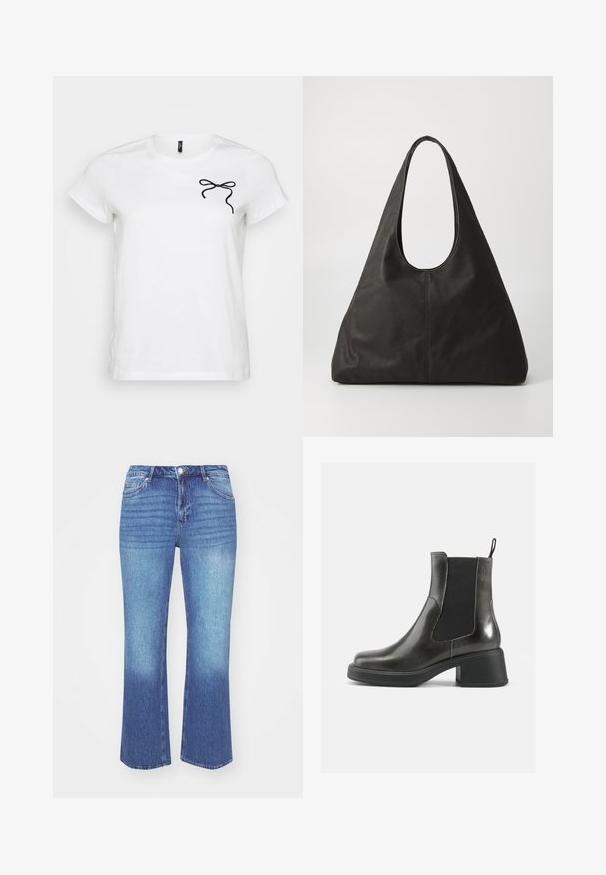 Vit t-shirt med korta ärmar som har en svart rosettdesign på vänster bröstområde, mot en enhetlig bakgrund.; Jeans i en ljus till medelblå gradient. Har en rak benpassform, fem fickor och sydda detaljer längs sömmarna.; Svarta läderankelboots med en slät yta, elastiska sidopaneler och en kraftig klack. Har en dragflik för enklare påtagning.; Svart läder tote-väska med ett böjt handtag, avlång triangulär form och slät yta. Har en minimalistisk design utan synlig utrustning.; Silverfärgade metallörhängen med en vågig, skulptural design som har en polerad yta och oregelbundna former, vilket framhäver en samtida estetik.