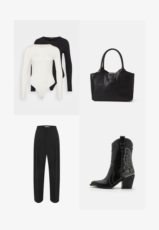 Zwei Langarmbodysuits in Weiß und Schwarz. Hergestellt aus glattem Stoff, mit runden Ausschnitten und einem String-Boden für eine schlanke Passform.; Schwarze weit geschnittene Hose mit hoher Taille, aus einem glatten Material und mit zwei vorderen Falten. Entworfen in einem klaren, maßgeschneiderten Schnitt.; Schwarze Leder-Cowboy-Stiefel mit weißen Nähten und einem kunstvollen Design an den Seiten. Der Absatz ist dick und strukturiert, mit einer metallischen Akzentuierung.; Schwarze Leder-Tote mit glatter Textur, strukturiertem Design, zwei Griffen und einem auffälligen silbernen Schnallen-Detail auf der Vorderseite.