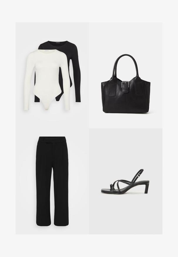 Kaks pikkade varrukatega bodysuit'i, valge ja must. Valmistatud siledast kangast, ringkeskuste ja stringi allosa tõttu sujuvaks kandmiseks.; Mustad laiad püksid, mis on valmistatud siledast kangast, sirge esiotsaga, vööloopide ja nähtamatute taskuteta. Puhtad, vormikohased jooned.; Mustast rihmajalatsid ruudukujulise varba ja madala ploki kontsaga. Omab mitmeid õhukesi rihmasid ja reguleeritavat pahkluu rihma. Valmistatud siledast nahast.; Mustgamma nahast kott, millel on sile tekstuur, struktureeritud kuju, kaks käepidet ja esiküljel silmapaistev hõbedane pandla detail.