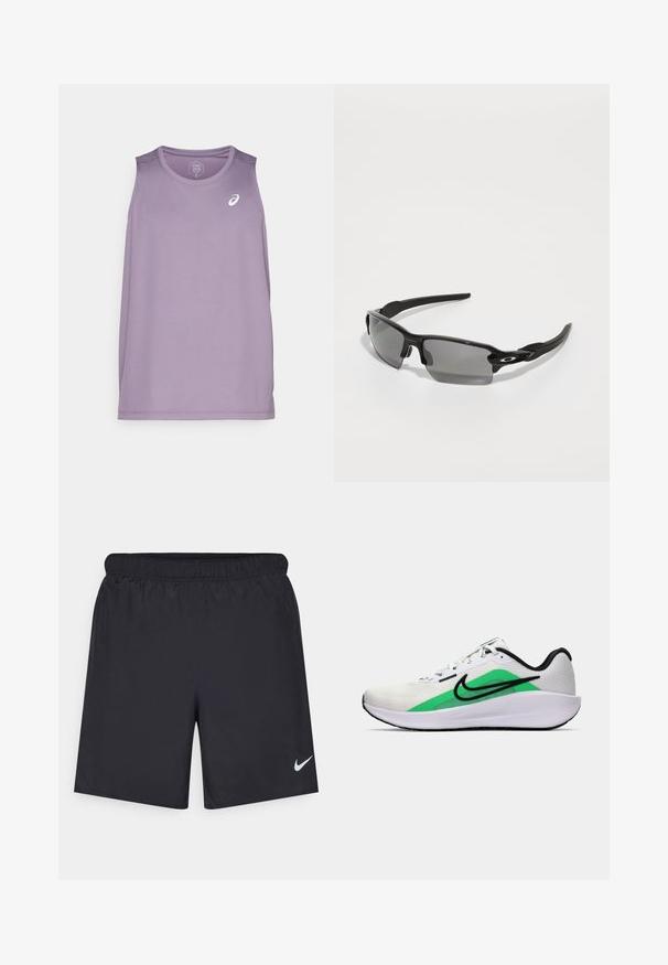 Lilla atletisk tanktop med rund halsudskæring og uden ærmer. Har et lille hvidt logo på brystet. Lavet af letvægtsstof.; Sorte atletiske shorts lavet af letvægtsmateriale med en elastisk talje. Har et lille hvidt Nike-logo i nederste venstre hjørne.; Hvide sportssko med grøn accent, sort logo, netoverdel, polstret sål og rund hæl. Har snørebånd og kontrastdetaljer.; Sorte sports solbriller med grå linser, en buet rammedesign og logodetalje på siden. Fremstillet af letvægts plastmateriale.