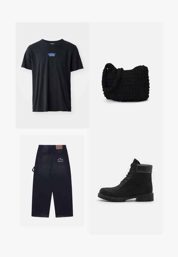 Schwarzes Baumwoll-T-Shirt mit kurzen Ärmeln und Rundhalsausschnitt. Auf der Brust befindet sich ein blaues Logo. Einfaches, klassisches Design.; Dunkelblaue Jeanshose mit lockerer Passform. Verfügt über zwei Gesäßtaschen, ein Lederpatch mit Logo und ein Fünf-Sterne-Design auf einer Tasche.; Schwarze geschnürte Knöchelboots mit gepolstertem Kragen und robustem Profil, im Profil vor einem weißen Hintergrund dargestellt.; Schwarze Stofftasche mit einer strukturierten, gesteppten Oberfläche. Abgerundete Form, kurze, dicke Griffe und eine weiche, flexible Struktur.