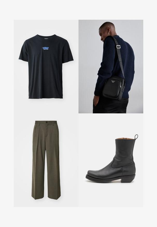 Czarna bawełniana koszulka z krótkim rękawem i okrągłym dekoltem. Posiada niebieskie logo na piersi. Prosty, klasyczny design.; Filippa K - Spodnie materiałowe; Czarne skórzane botki do kostki o gładkiej fakturze, smukłym profilu, bocznych przeszyciach i niskim kwadratowym obcasie. Posiadają pętelkę z tyłu.; Czarna skórzana torba na ramię z zamykaną kieszenią, detalem z logo i regulowanym paskiem z logo. Nosi ona na tle teksturowanego granatowego swetra.