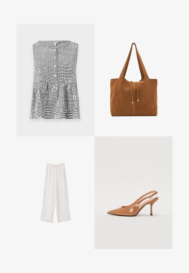 Ärmlös svart och vit rutigt topp med knäppning fram och peplumkant, med en texturerad tyg och glänsande paljetter.; Vita vida byxor i vid passform gjorda av ett lättviktsmaterial. Har en elastisk midja med dragsko och sidofickor. Slät textur.; Tåspets slingback-häl i ett slätt, glansigt brunt material. Har en kurvad utskärning och en smal stilettklack. Silverdetalj med spänne.; Brun mockaläders toteväska med två långa remmar, dragsko-stängning och minimalistisk design. Slät textur och inga synliga metallaccenter.