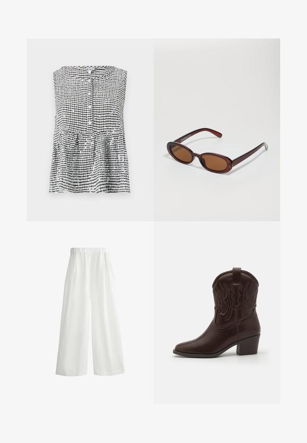 Mouwloze zwart-witte geblokte top met een knopenlijst en een peplumrand, met een gestructureerde stof en glanzende pailletten.; Witte, wijdvallende broek met een elastische tailleband, voorzien van voorplooien en een lichte, geprofileerde stof.; Bruine leren cowboylaarzen met spitse neuzen, geperste vleugelpatronen, een blokhak van gemiddelde hoogte en een lus aan de achterkant.; Ronde, bruin getinte zonnebril met een glanzend bordeauxrood frame. Slanke pootjes met subtiele merkdetails. Vlakke lensontwerp.
