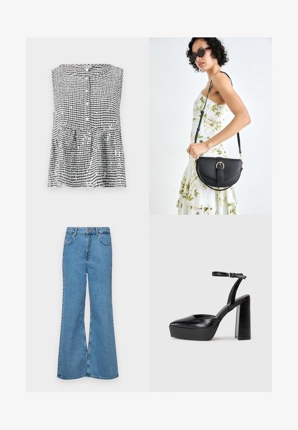 Črna in bela karirana top brez rokavov z gumbi spredaj in peplum robom, ki ima teksturirano tkanino in sijoče bleščice.; Svetlo modri razširjeni džins hlače iz denima, z visokim pasom, petimi žepi in enim gumbom za zapiranje. Mehka tekstura z blagim zbledelim videzom.; Črne platforme z visokimi petami in koničastim nosom ter nastavljivim gležnjenjskim trakom. Narejene iz gladke usnje, s kockasto peto.; Črna usnjena torbica s ukrivljeno obliko, z odstranljivo naramnico in zlatimi dodatki. Torbica ima pokrov s podrobnostmi v obliki zaponke.