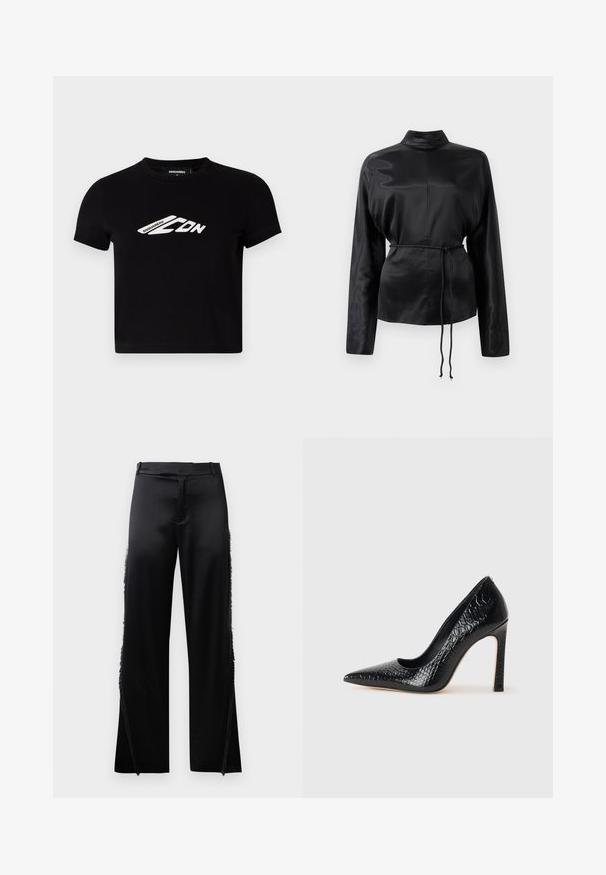 Black cotton cropped t-shirt featuring short sleeves and a white logo graphic on the front. Smooth texture, crew neckline.; Black satin long-sleeve shirt with a high collar, cinched waist, and adjustable drawstring detail. Smooth texture with a sleek finish.; Black satin pants with wide legs, featuring fringe details along the side seams and a flat front waistband. Plain back without pockets.; Black pointed-toe high heel shoe with a crocodile-skin texture, featuring a sleek design, high stiletto heel, and smooth black interior.