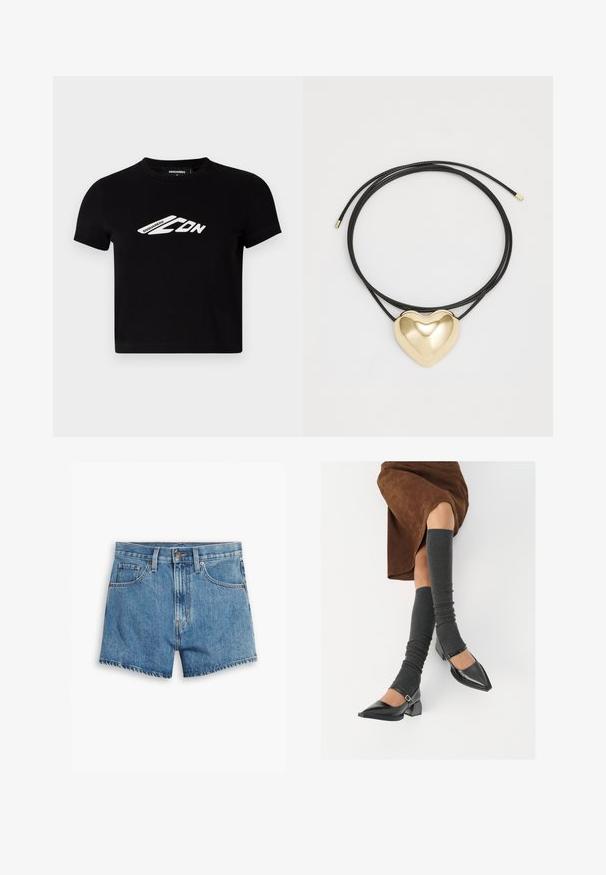 Svart bomulls kortermet t-skjorte med korte ermer og et hvitt logografikk på forsiden. Glatt tekstur, rund hals.; Lys blå denimshorts med fem lommer, glidelås og knappefeste. Bunnkanten er slitt med et avslappet passformdesign.; Sorte lakkpumps med spiss tå, blokkhel, og ankelstropp, kombinert med grå ribbestrikkede beinvarmere og et brunt semsket skinn skjørt.; Svart flettet snorhalskjede med en polert gullhjerteanheng med glatte kurver og en blank overflate.