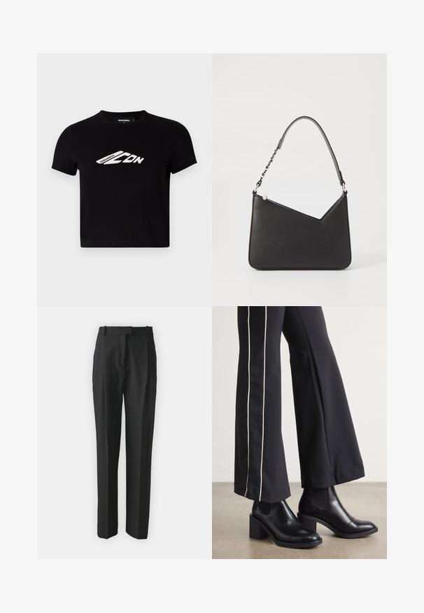 Crna pamučna kratka majica s kratkim rukavima i bijelim logotipom na prednjem dijelu. Glatka tekstura, okrugli dekolte.; Crne krojene hlače od laganog materijala, s ravnim krojem, ravnim prednjim dijelom i petljama za remen. Glatka tekstura bez vidljivih uzoraka.; Crne kožne gležnjače s blok petom, s elastičnim bočnim panelima. Uparene s crnim hlačama koje imaju bijelu bočnu prugu.; Crna kožna torba u obliku trokuta, s tankim remenom i srebrnim detaljima. Ima zatvaranje na patentni zatvarač i utisnutu oznaku na prednjoj strani.