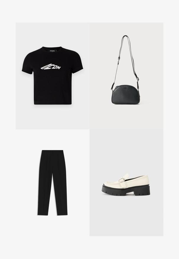 T-shirt cropped nera in cotone con maniche corte e una grafica con logo bianco sul davanti. Texture liscia, scollatura a girocollo.; Pantaloni neri a taglio dritto, con doppie pieghe, una texture liscia e un design classico in vita. Nessun hardware o dettaglio visibile.; Mocassino in pelle bianca con suola platform nera chunky, caratterizzato da una fibbia rettangolare argentata e dettagli di cucitura visibili sulla parte superiore.; Borsa a tracolla in pelle nera di forma arrotondata, con due cinturini regolabili e un logo sottile sulla parte anteriore. Esterno testurizzato, design minimalista.