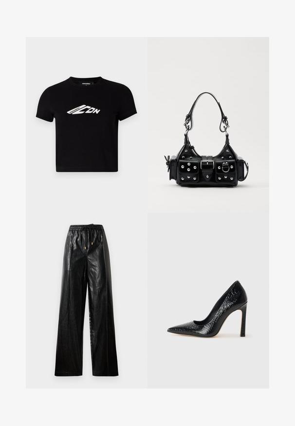 Musta puuvillainen lyhythihainen cropped t-paita, jossa on valkoinen logo kuva edessä. Sileä pinta, pyöreä kaula-aukko.; Mustat nahkaiset leveälahkeiset housut, joissa on joustava vyötärö, naru ja kultaiset yksityiskohdat. Sileä pinta ja väljä istuvuus.; Musta kapea nilkkakorkokenkä krokotiilin nahkakuviolla, joka on varustettu tyylikkäällä muotoilulla, korkealla stiletto-korkealla ja sileällä mustalla sisäosalla.; Musta nahkainen käsilaukku, jossa on kaareva muotoilu, hopeiset niitit, solki ja kaksi sivutaskua. Säädettävä olkahihna erilaisiin kantovaihtoehtoihin.