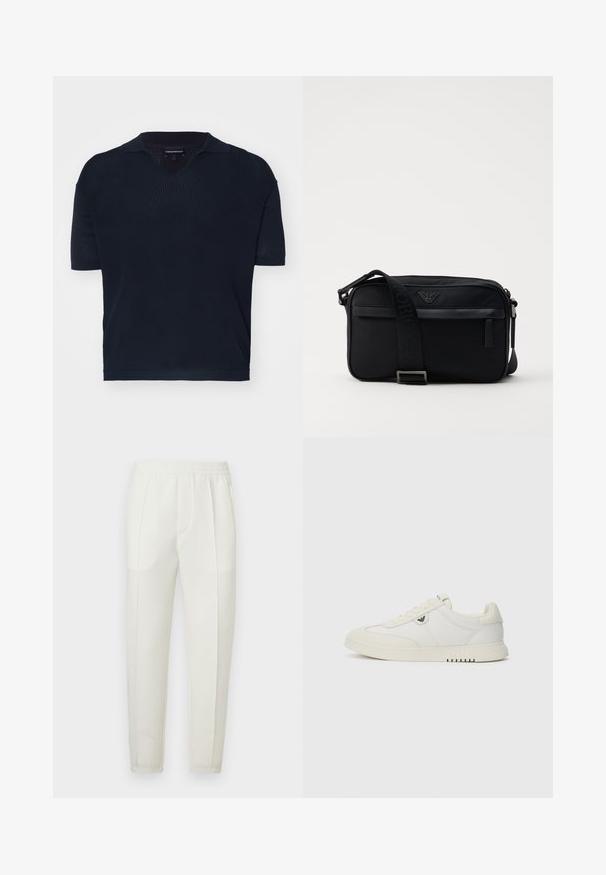 Tamsiai mėlynas megztas polo marškinėliai su V formos iškirpte, trumpomis rankovėmis ir banguota tekstūra. Yra klasikinis apykaklė ir laisvas siluetas.; Balti siauro fasono kelnės su elastiniu liemeniu, turinčios dvi šonines kišenes ir lygią, šiek tiek blizgią tekstūrą.; Žemi balti sportbačiai su raišteliais, lygia pado dalimi ir mažuoju metaliniu logotipu šone, pavaizduoti ant vientiso fono.; Juodas nailono peties krepšys su kontrastingu dirželiu, elegantiška stačiakampių forma, logo detalė ir užtrauktuko kišenė priekyje.